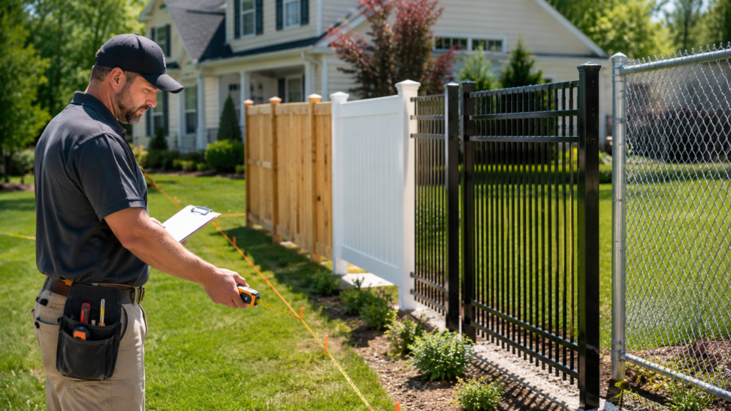 Fence contractor measuring a backyard for a new residential fence installation in Bellingham MA