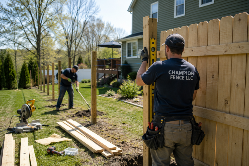 Fence contractor marking a backyard layout before fence installation in Massachusetts