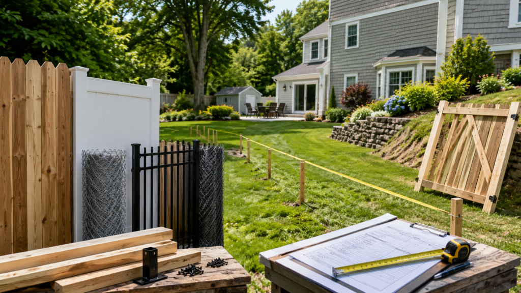 Fence material samples, tape measure, and project estimate in a Massachusetts backyard showing fence installation cost factors